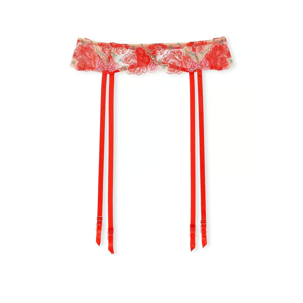 Victoria's Secret Dream Angels Floral Embroidery Garter Belt M/L Red Mesh Garter